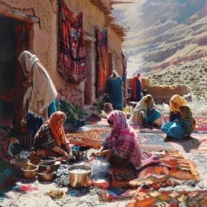 Traditionele openluchtmarkt in een dorp met mensen die zich bezighouden met het verven van stoffen met rubia en het tentoonstellen van kleurrijke stoffen tegen een achtergrond van een bergachtig landschap.