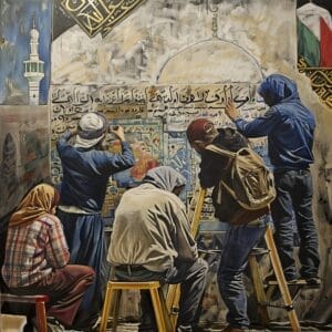 Vier mannen in traditionele en casual kledij werken in een artistiek geschilderd atelier aan een groot, sierlijk islamitisch kalligrafiedoek.
