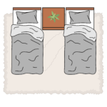 Illustratie van een slaapkamer met twee eenpersoonsbedden, gescheiden door een klein nachtkastje met een potplant. De bedden zijn voorzien van grijze dekens en kussens, en daaronder ligt een gezellig tapijt, dat warmte aan de kamer toevoegt.