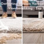 Close-up van een persoon die schuimtapijtreiniger aanbrengt op een bevlekt tapijt met een fles in beweging en het gereinigde gedeelte zichtbaar. De tekst in het Nederlands luidt: "Ontlasting Vlekken Verwijderen Uit Vloerbedekking - Toptips.