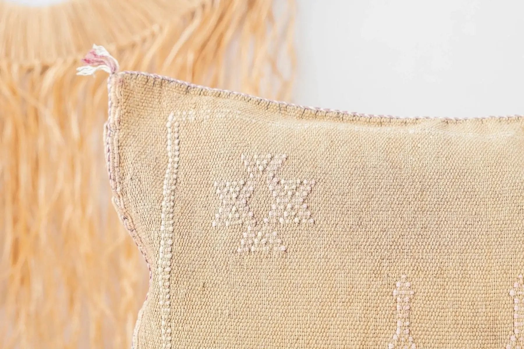 Close-up van een beige kussen met geborduurde patronen, tegen een zachte achtergrond met franjes.