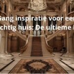 Grote trap in een luxueus herenhuis met sierlijke kroonluchters en marmeren vloeren, aangevuld met een elegant tapijt, met tekst in het Nederlands: "Gang inspiratie voor een prachtig huis: De ultieme lijst".