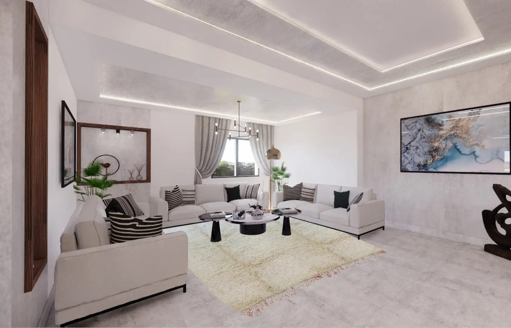 Een moderne woonkamer met een grote U-vormige bank, abstracte kunst en een ronde salontafel op een beige kleed. De kamer heeft een plafond met inbouwverlichting en een raam met gordijnen.