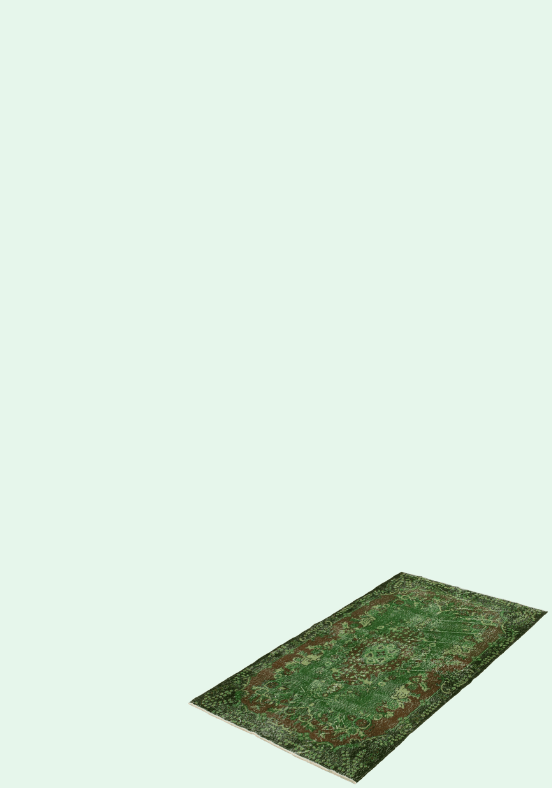 Een vloerkleed met een groen en bruin patroon ligt elegant op een effen, lichte achtergrond en voegt een vleugje kleur toe aan de kamer.